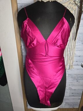 Vtg 80's Ms. Leslee Hot Pink Satin Lingerie Teddy Bodysuit